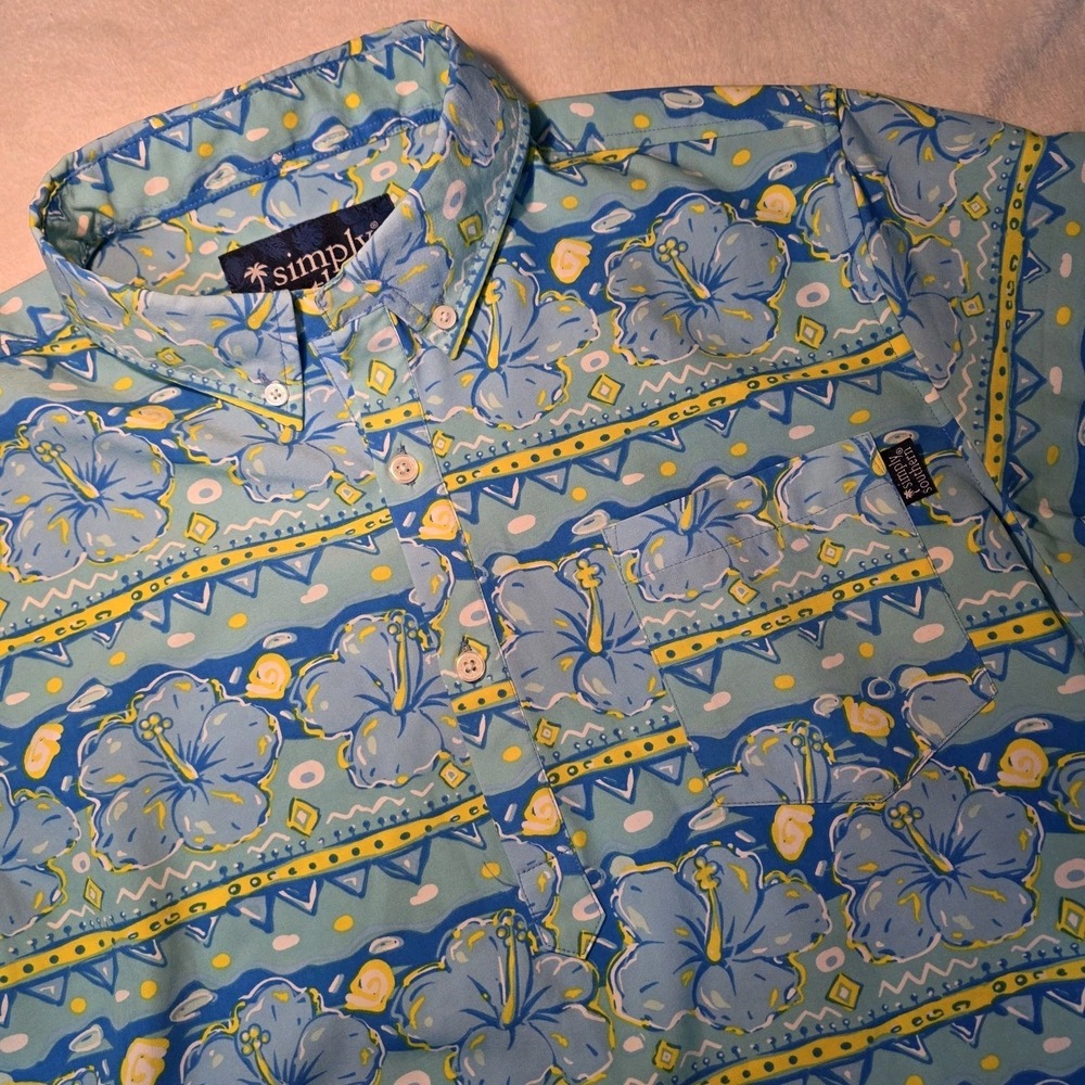 Simply Southern Mens Small Blue Floral Hibiscus Hawaiian Omni Dri Polo Boat Fish